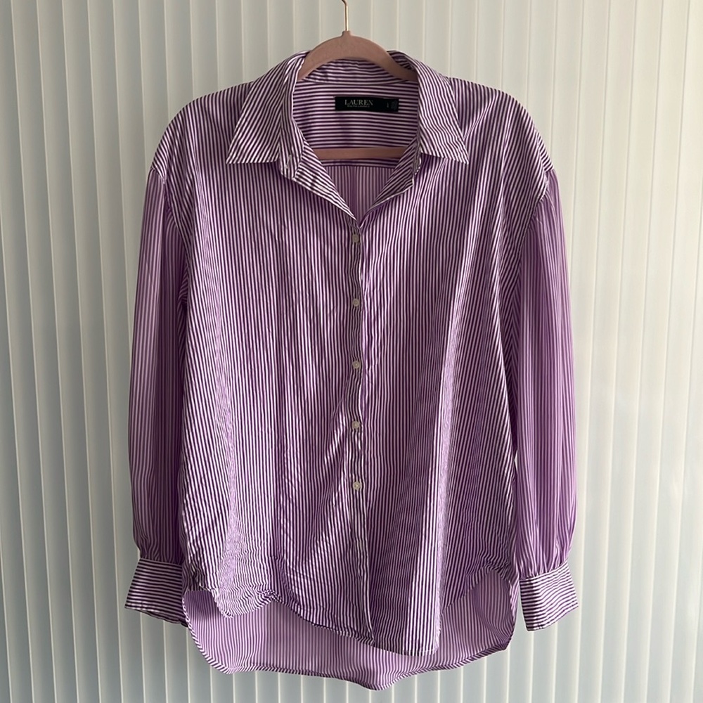 Stripped Purple Button Down with a semi sheer back panel